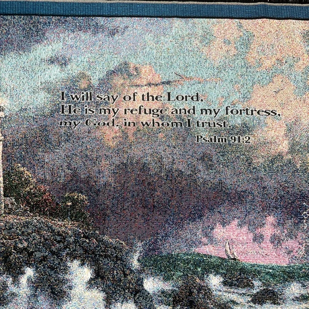 Thomas Kinkade Lighthouse Christian PSALM Woven Tapestry Throw Blanket Vintage